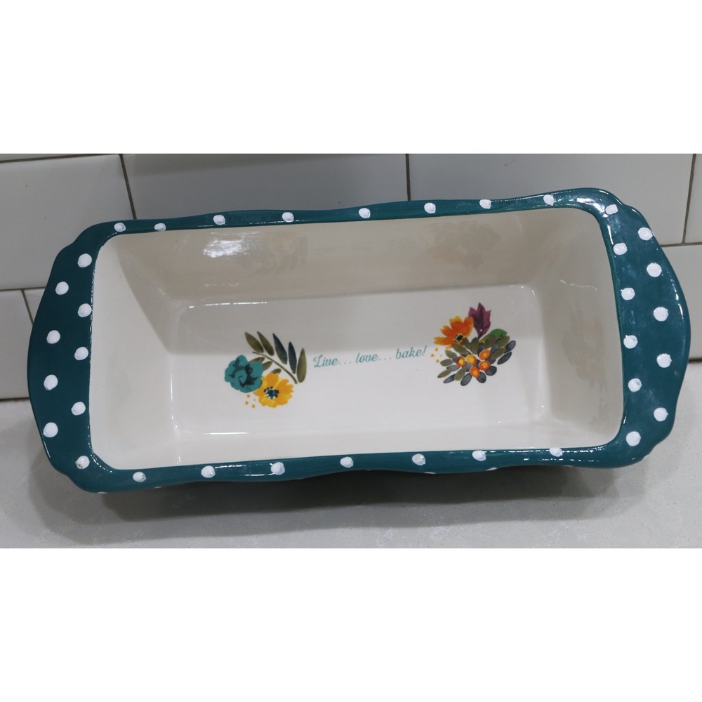 Pioneer Woman Teal Polka Dot Loaf Pan Live Love Bake Floral Stoneware 8.5 x4